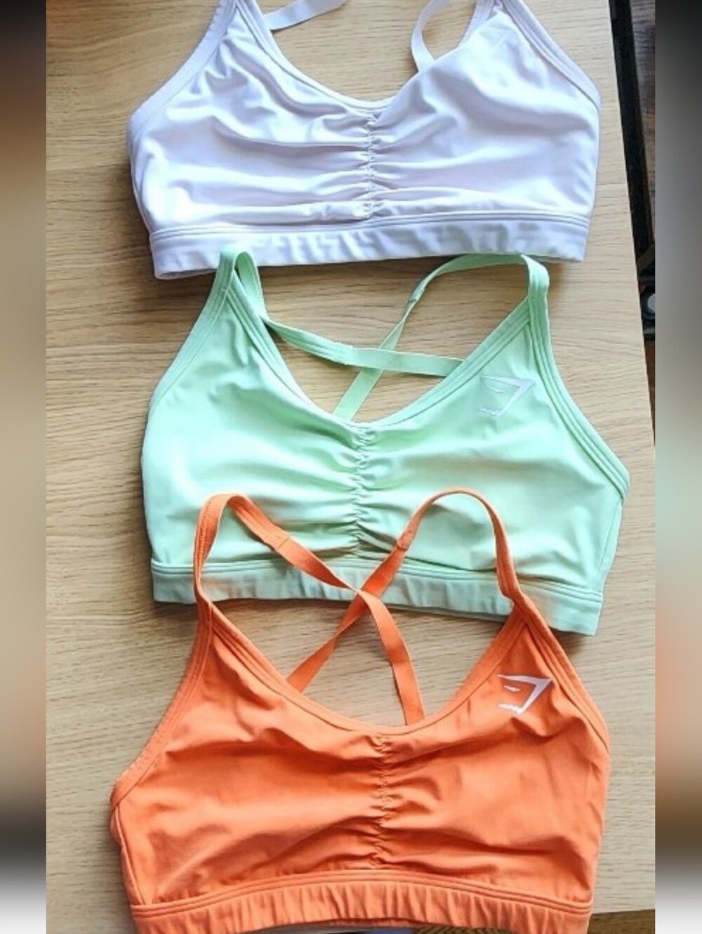 Gymshark Ruched Cross-Back Sports Bra Trio — White, Mint, Orange